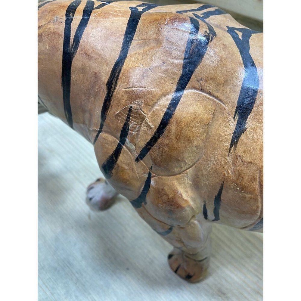 VINTAGE Leather Wrapped Tiger Sculpture Glass Eyes Jungle Safari Figurine Rare - Picture 6 of 11